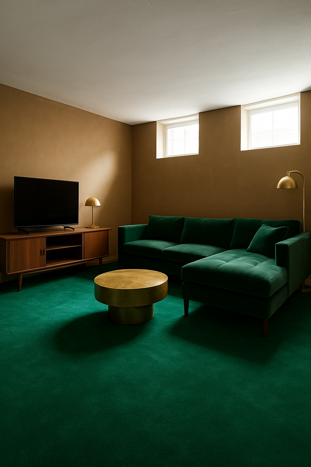 Basement with dark tan walls and emerald green carpet, velvet sectional sofa