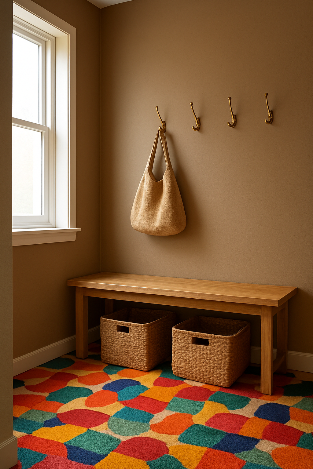 Mudroom with dark tan walls and multi-colored patterned carpet, wood bench