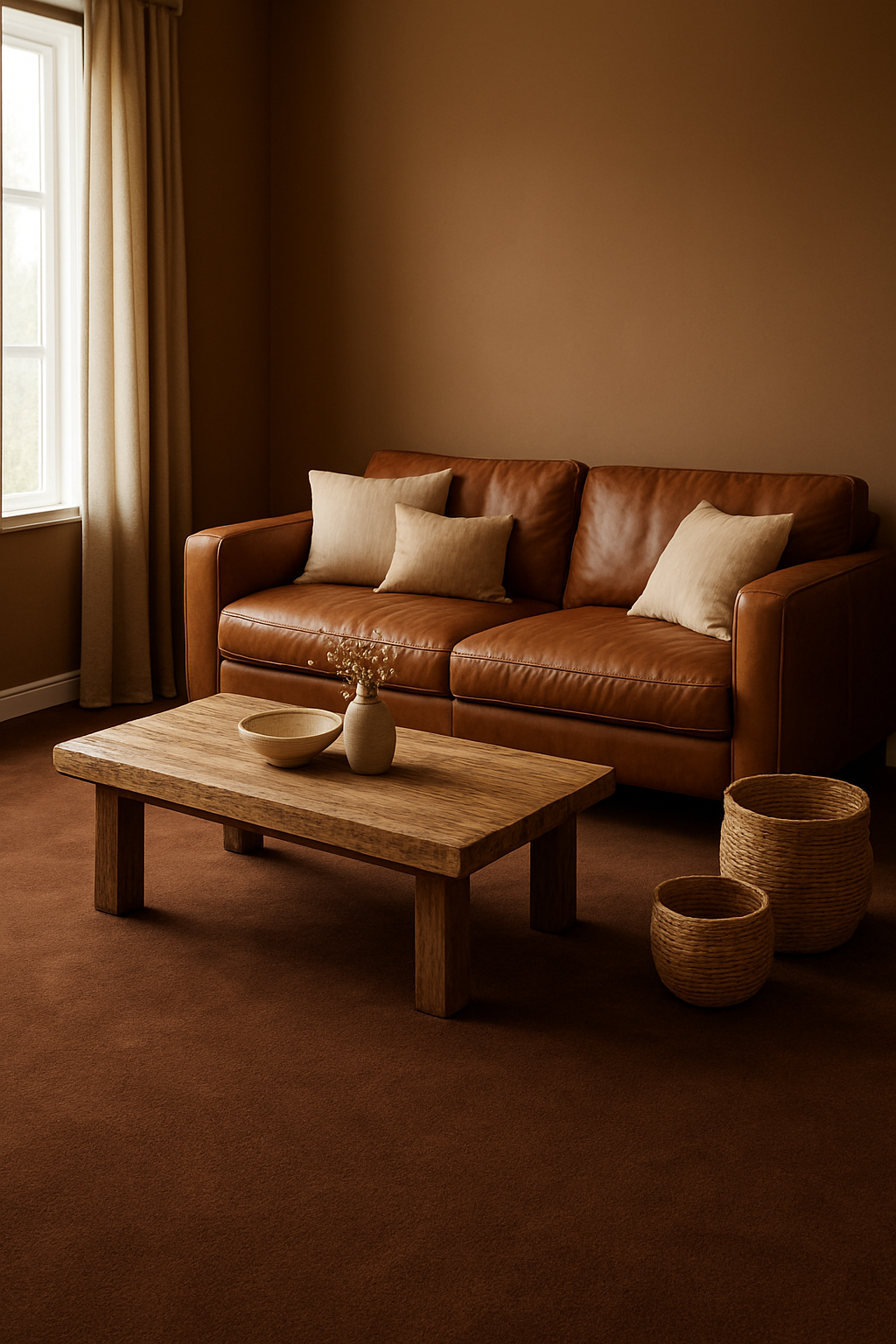 Family room with dark tan walls and chocolate brown carpet, leather sofa