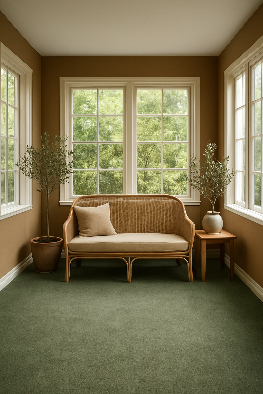 Sunroom with dark tan walls and sage green carpet, rattan loveseat