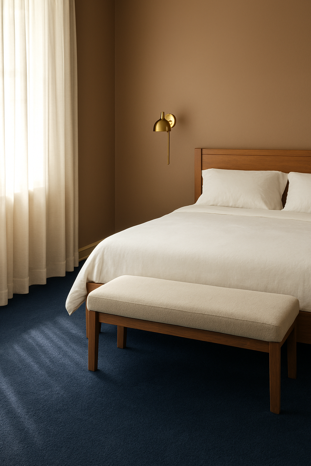 Guest room with dark tan walls and navy blue carpet, wood bed frame