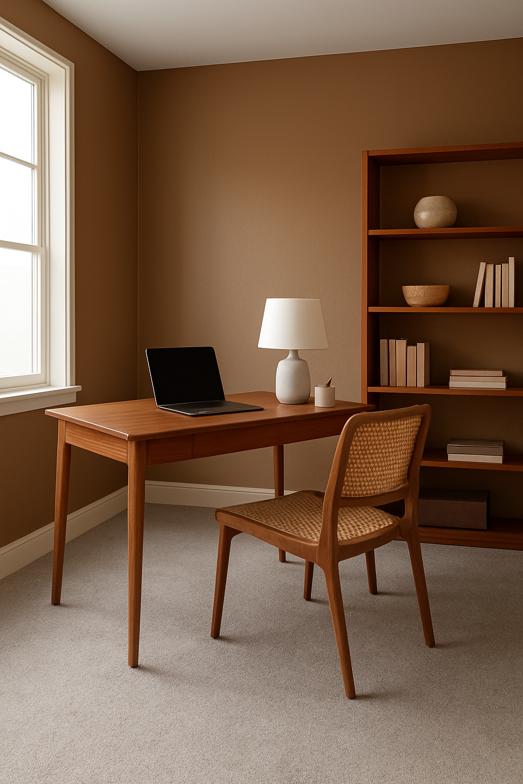 Home office with dark tan walls and warm gray carpet, wood desk