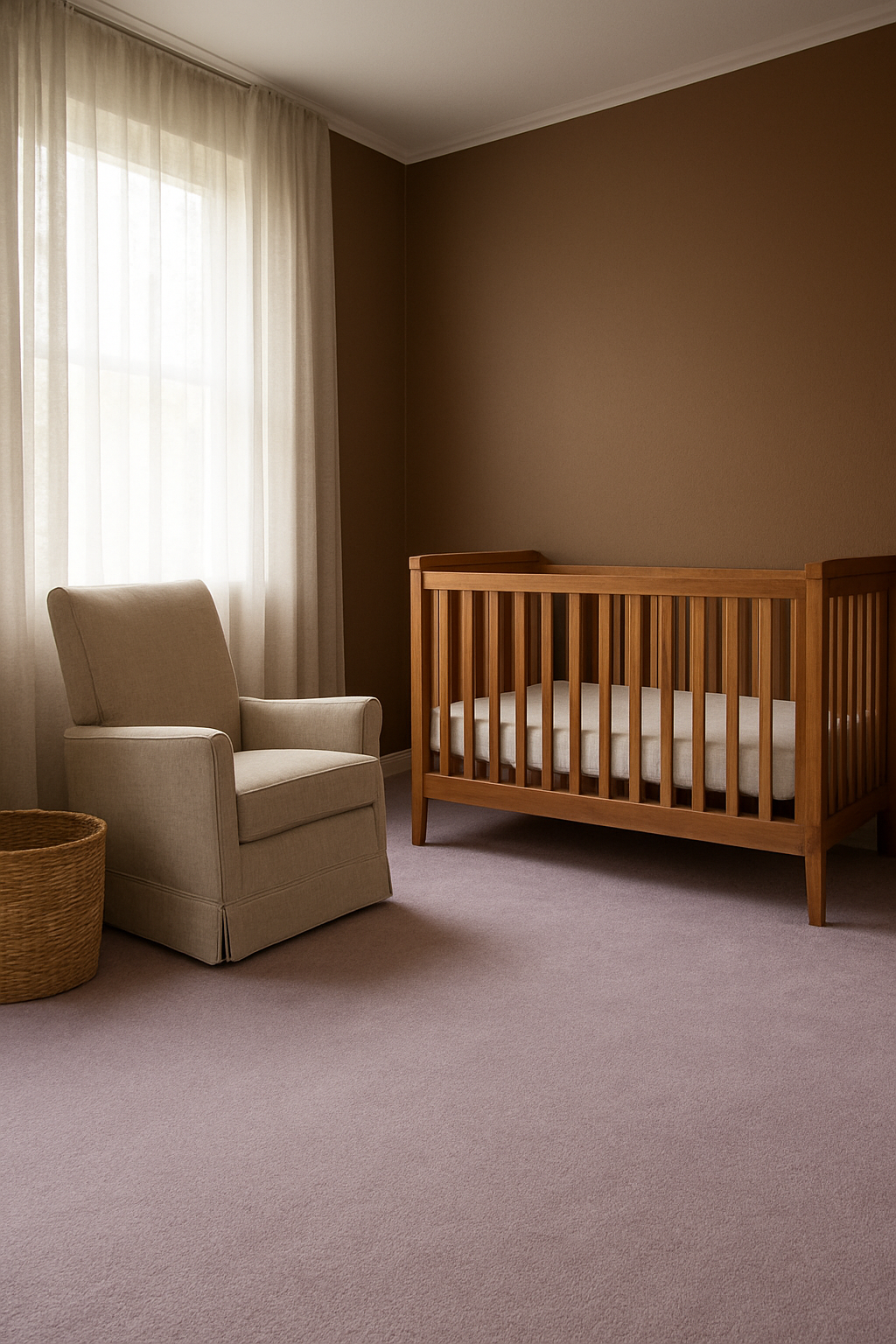 Nursery with dark tan walls and soft lavender carpet, wood crib