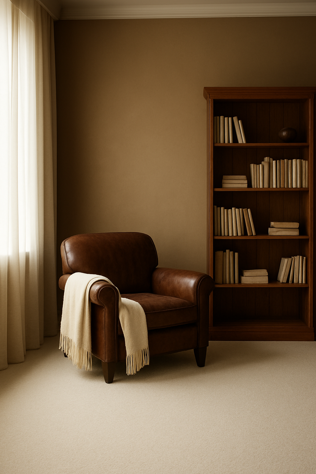 Den with dark tan walls and classic cream carpet, leather armchair