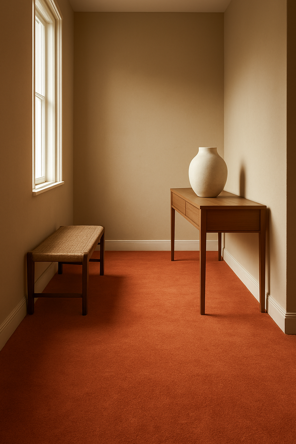 Hallway with dark tan walls and terra cotta carpet, wood console table
