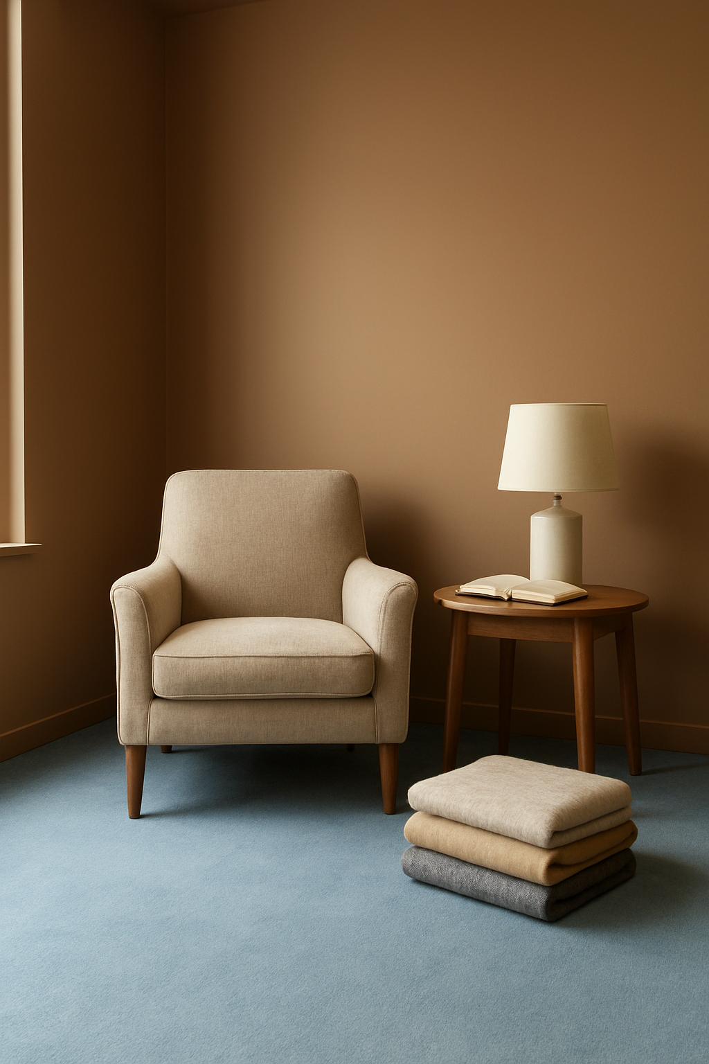 Reading nook with dark tan walls and light blue carpet, linen armchair