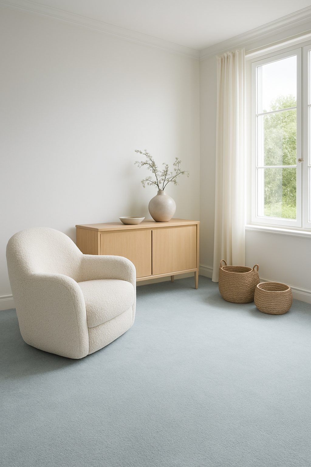 Living room with white walls and a light blue carpet