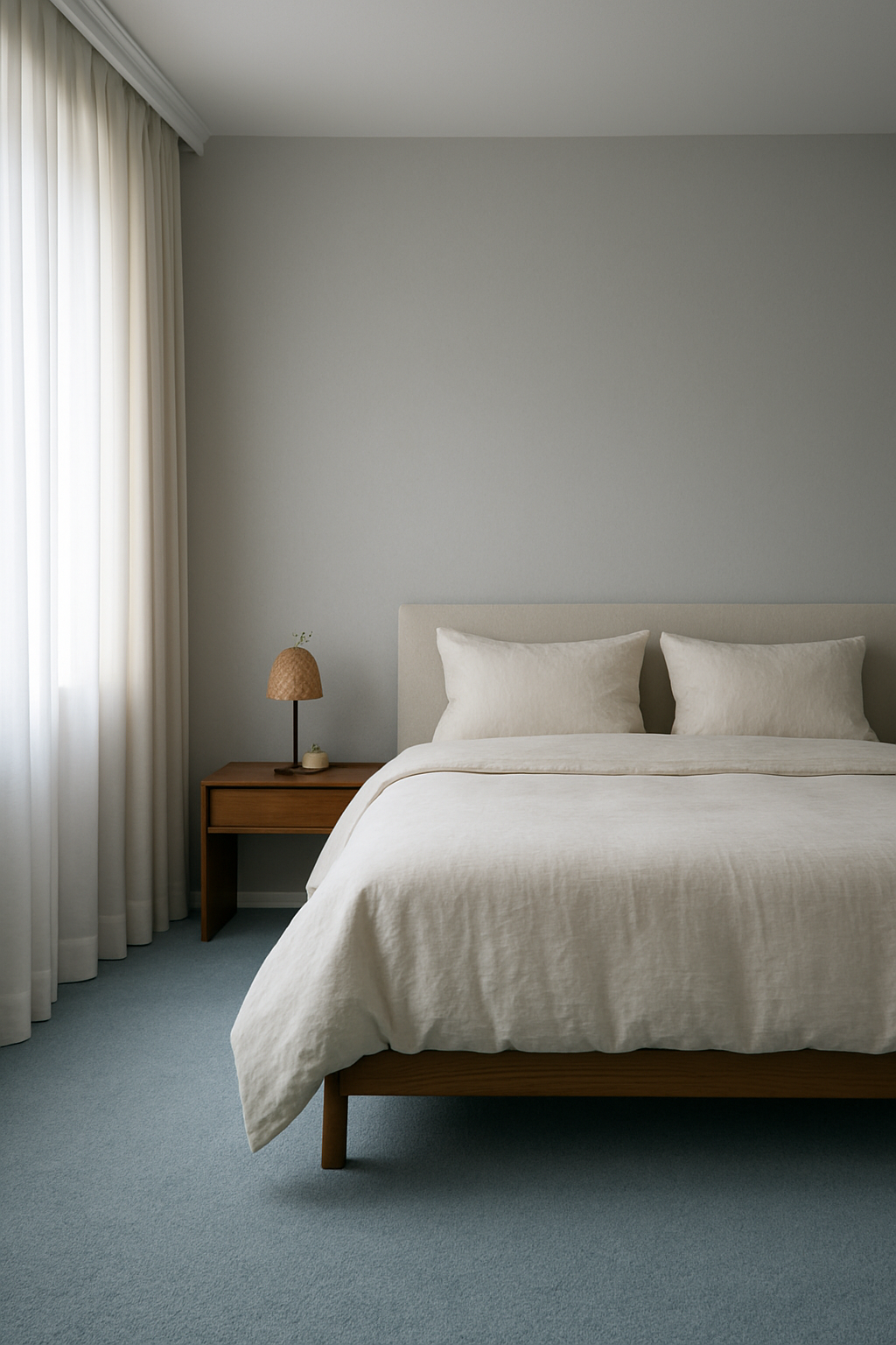 Bedroom with soft gray walls and a light blue carpet