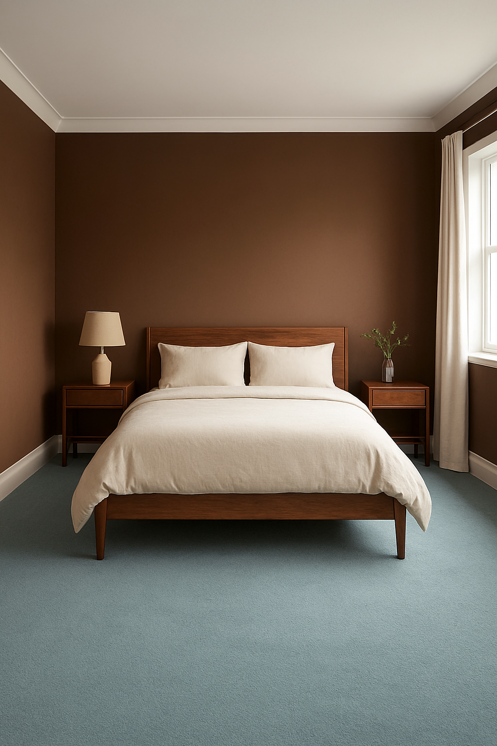 Bedroom with chocolate brown walls and a light blue carpet