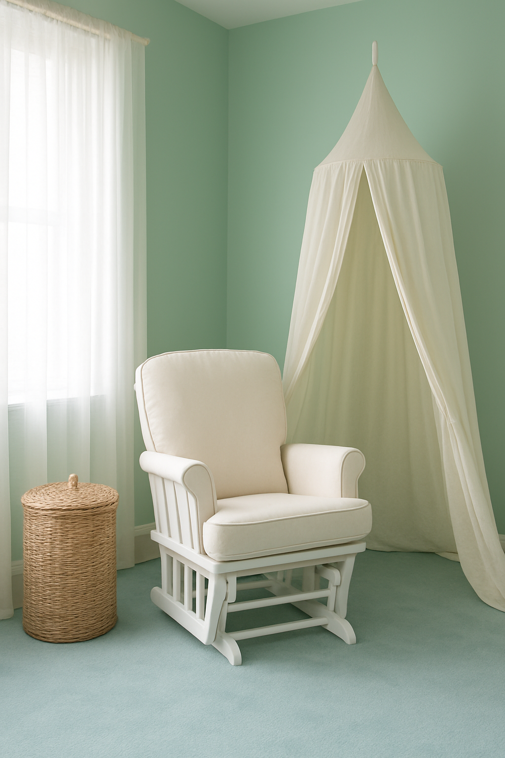 Nursery corner with mint green walls and a light blue carpet