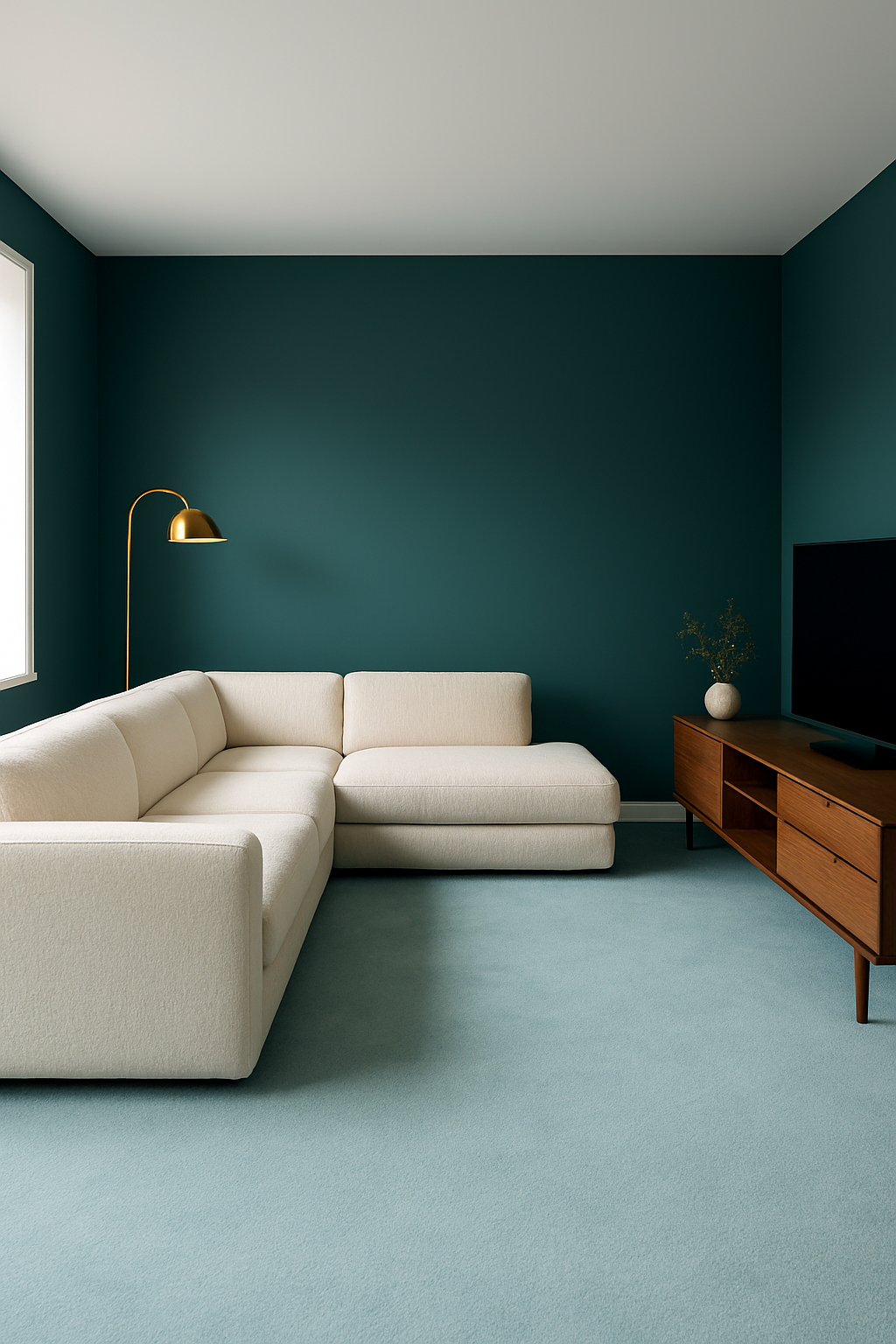 Family room with deep teal walls and a light blue carpet