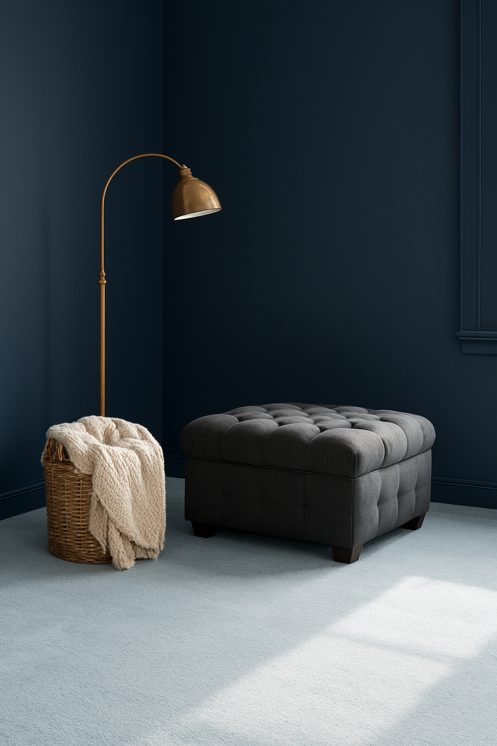 Family room corner with navy blue walls and a light blue carpet