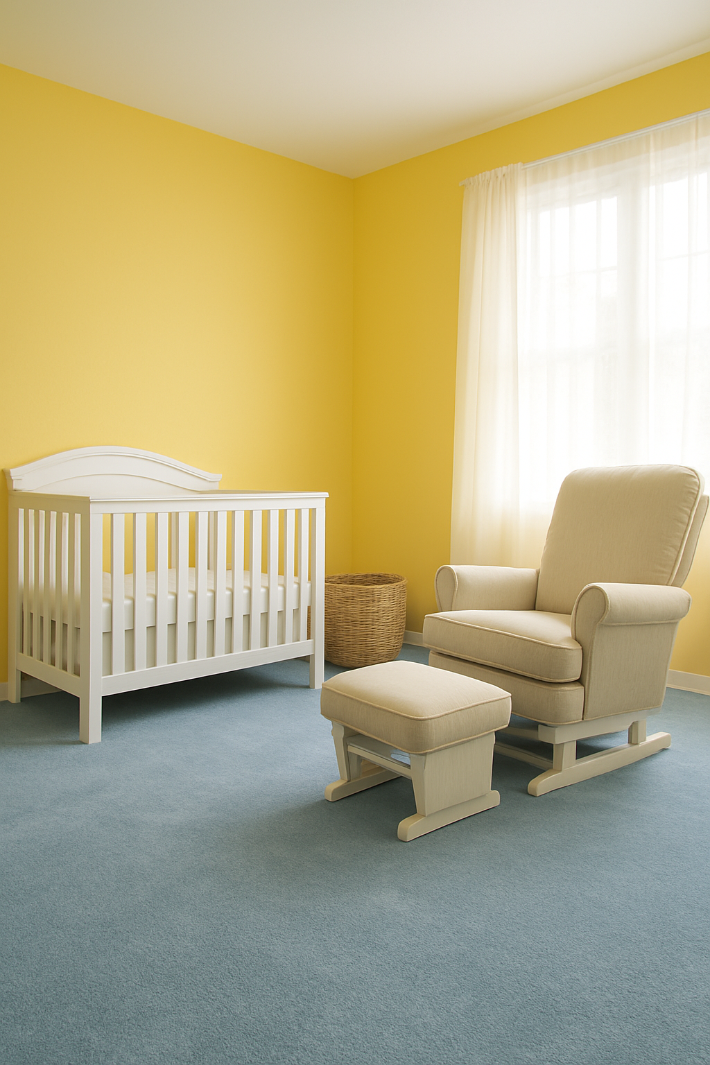 Nursery with sunny yellow walls and a light blue carpet