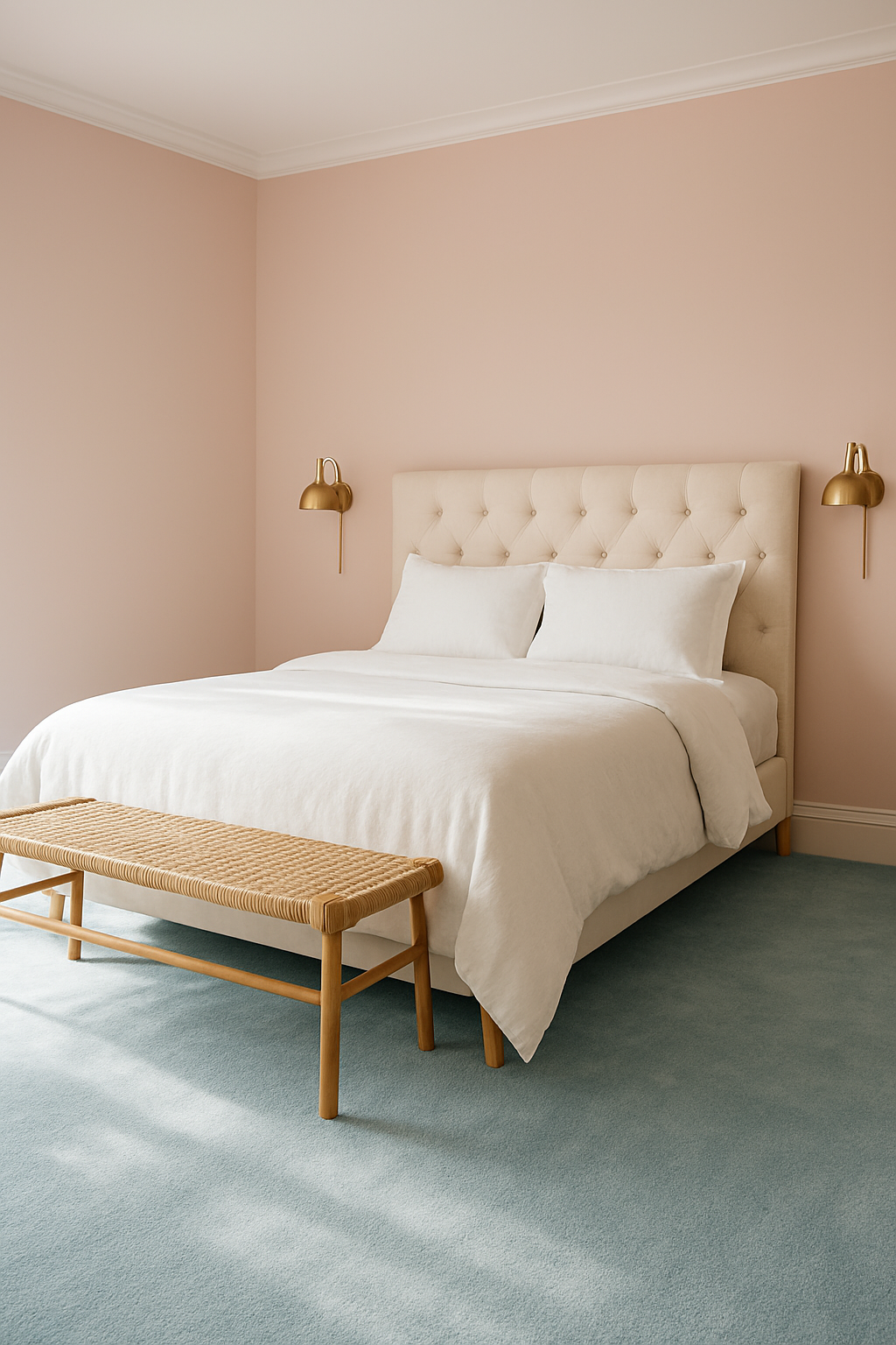 Guest room with blush pink walls and a light blue carpet