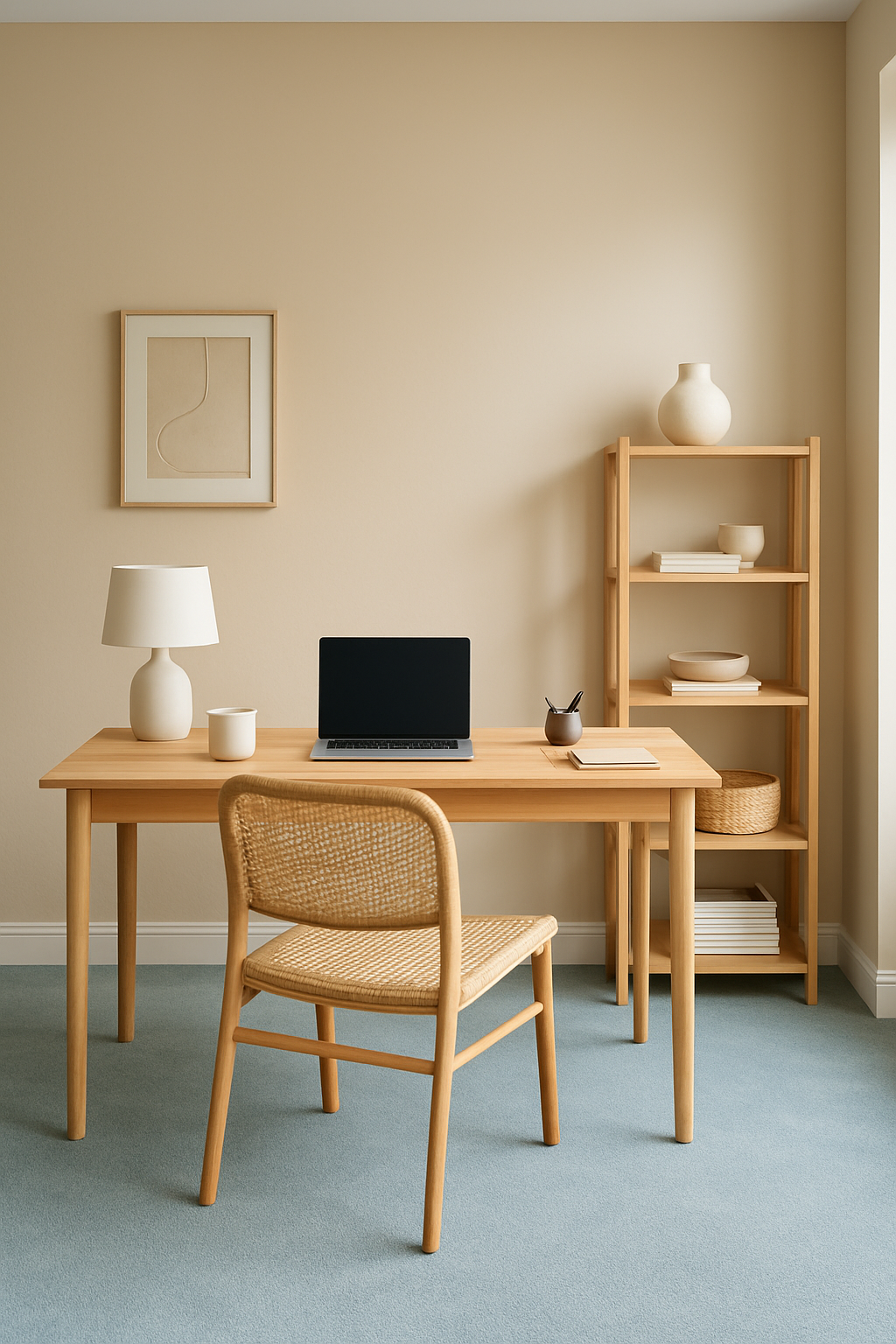 Home office with warm beige walls and a light blue carpet