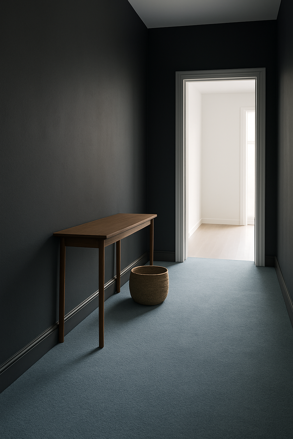 Hallway with charcoal gray walls and a light blue carpet