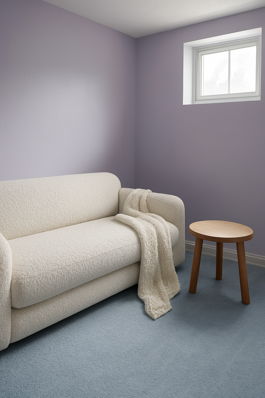 Basement corner with lavender walls and a light blue carpet