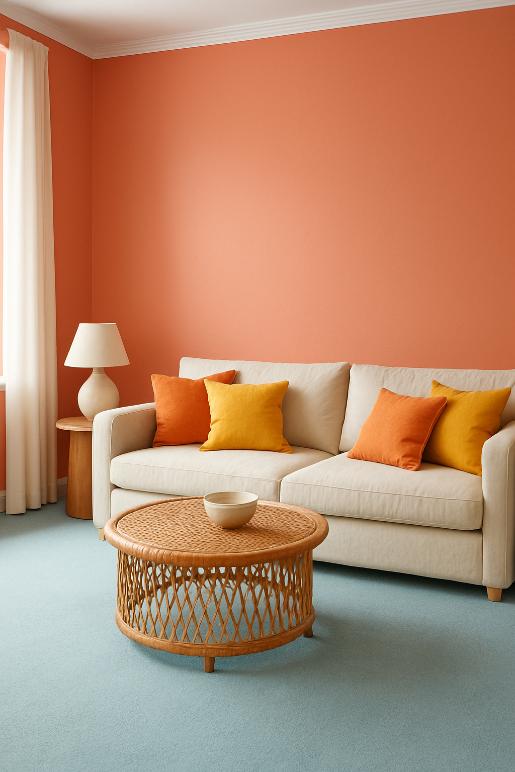 Living room with coral walls and a light blue carpet