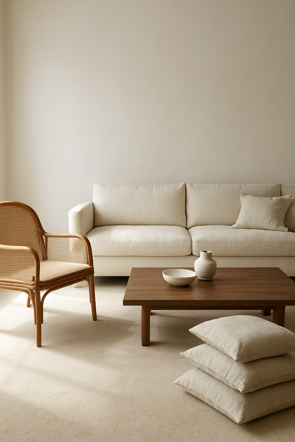 Living room with soft white walls, beige carpet, and a cream sofa