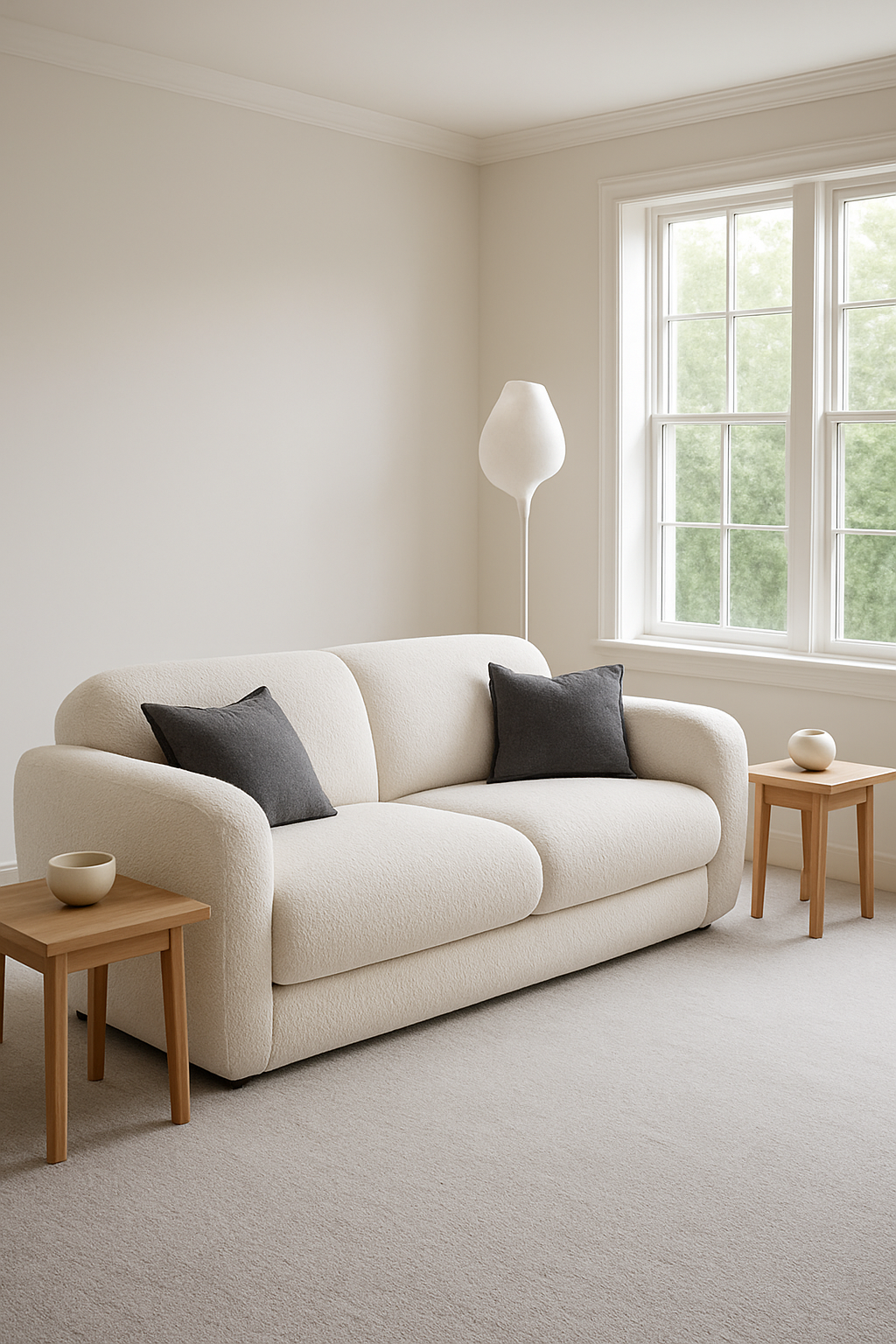 Family room with warm white walls, soft gray carpet, and a cream sofa