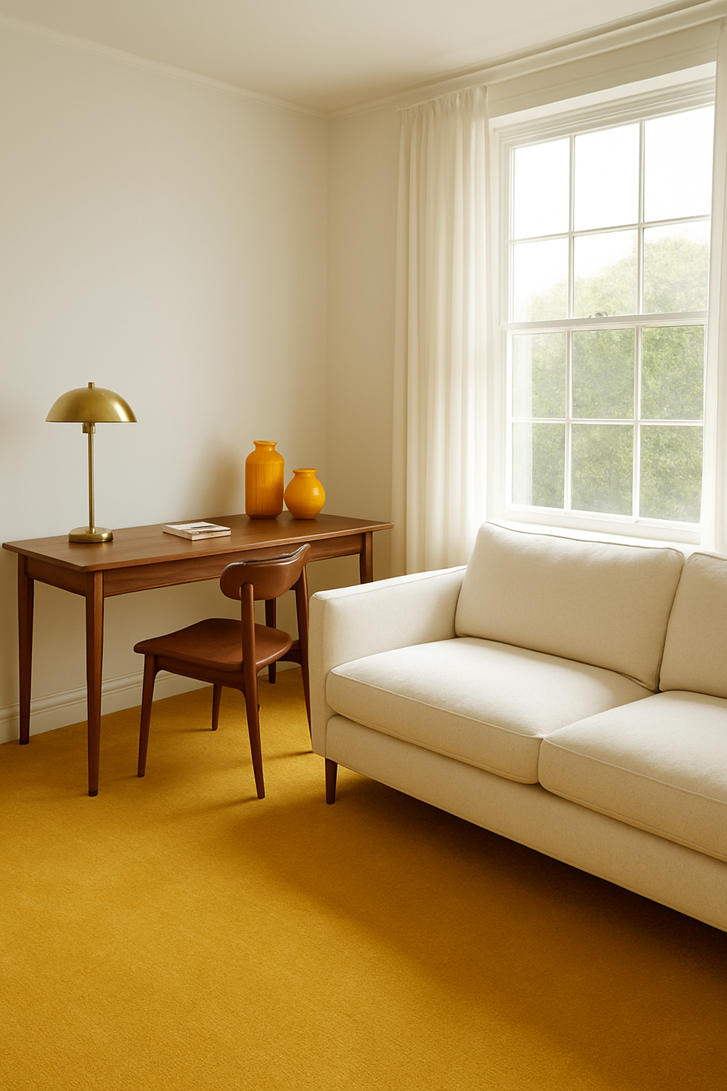 Home office with soft white walls, golden carpet, and a cream sofa
