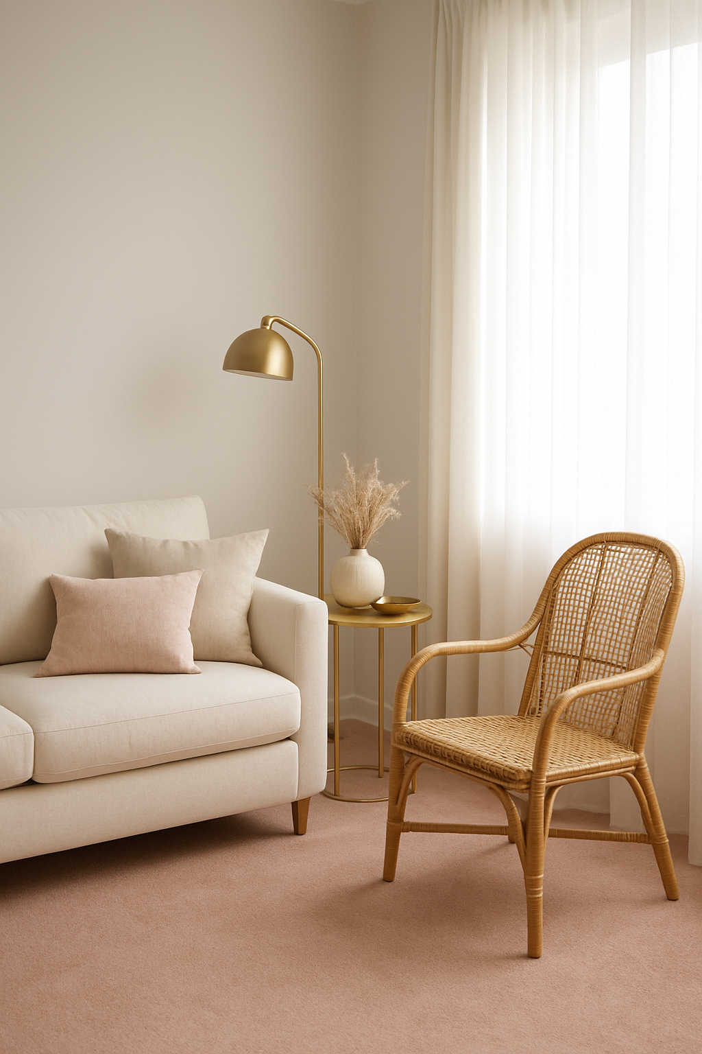Bedroom with soft white walls, blush pink carpet, and a cream sofa