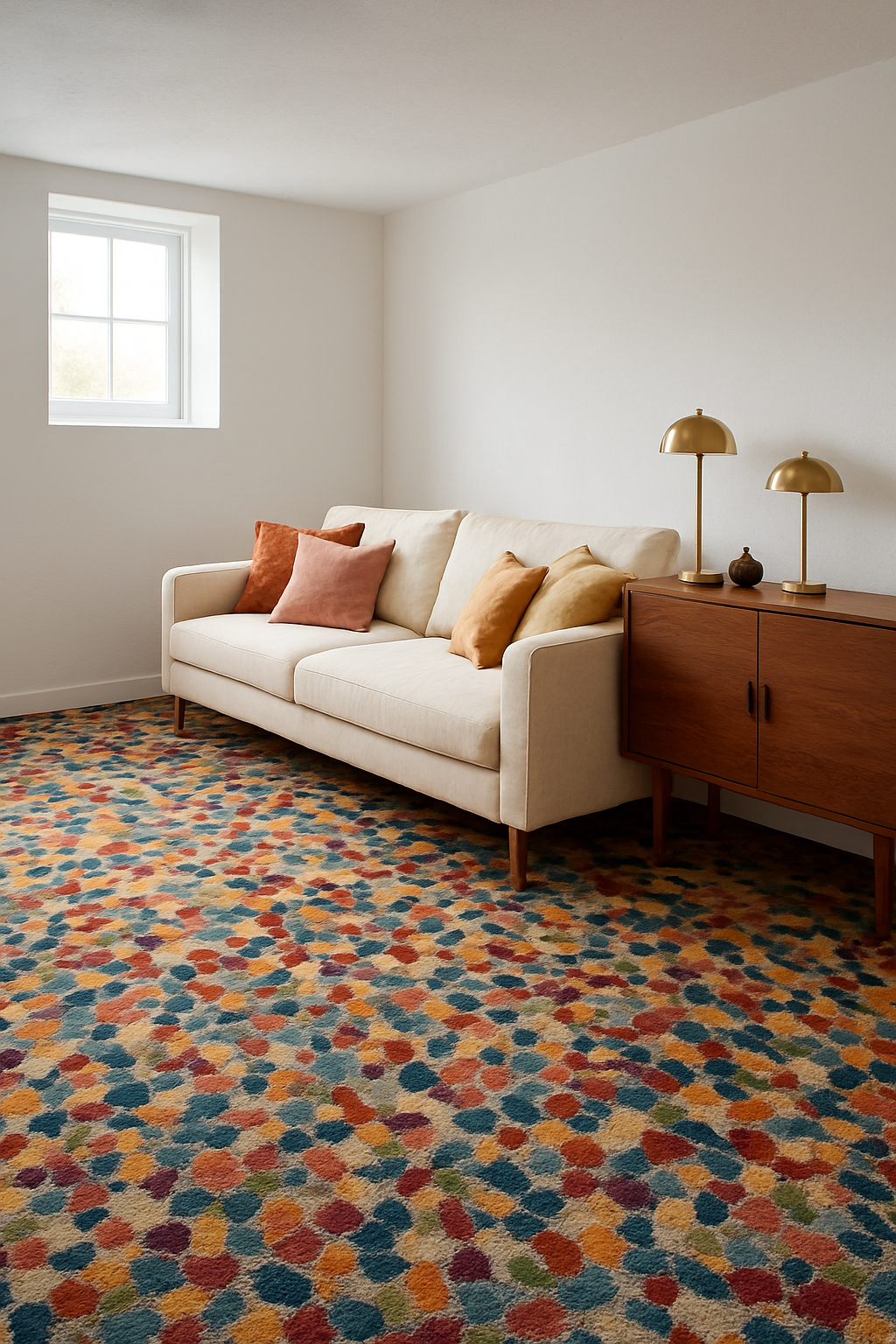 Basement with soft white walls, patterned carpet, and a cream sofa