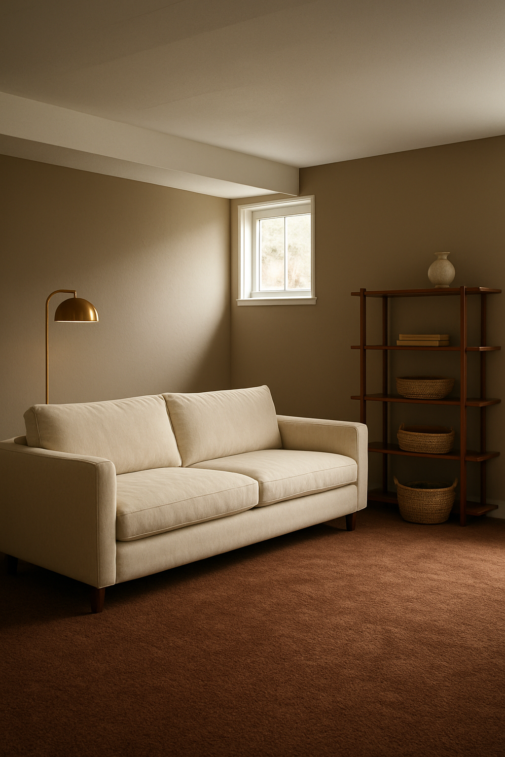 Basement with warm taupe walls, rich brown carpet, and a cream sofa