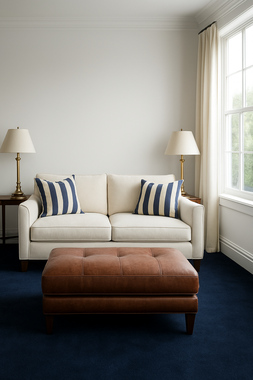 Den with soft white walls, navy blue carpet, and a cream sofa