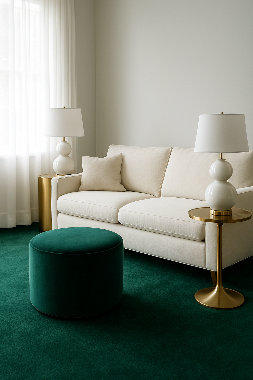 Guest room with soft white walls, emerald carpet, and a cream sofa