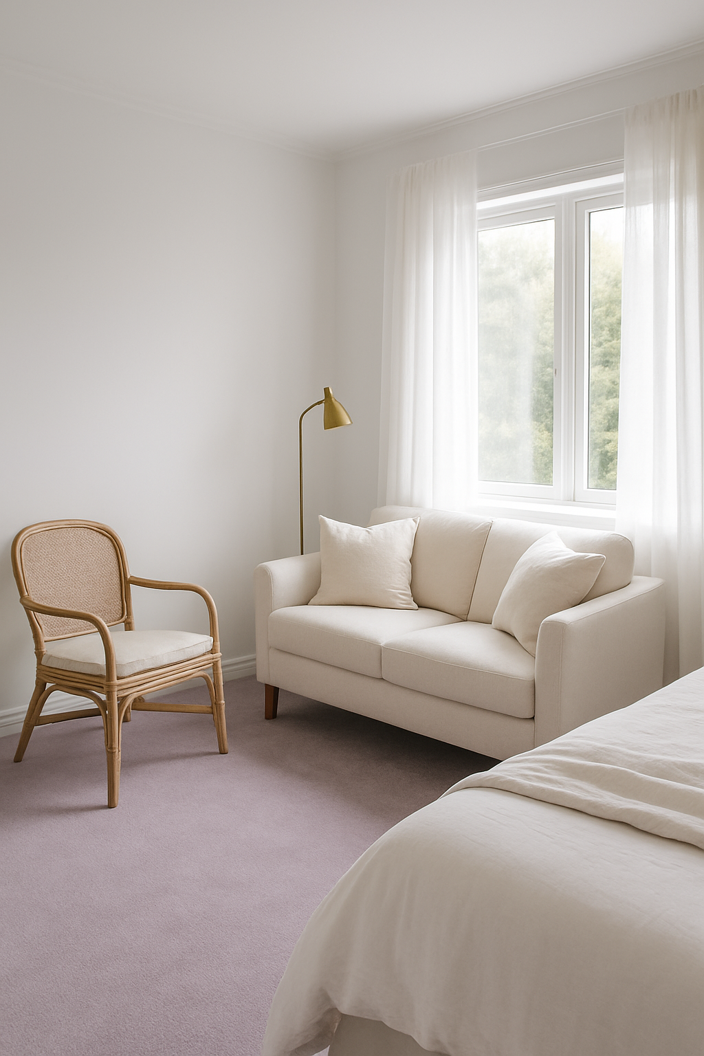 Bedroom with soft white walls, lavender carpet, and a cream loveseat