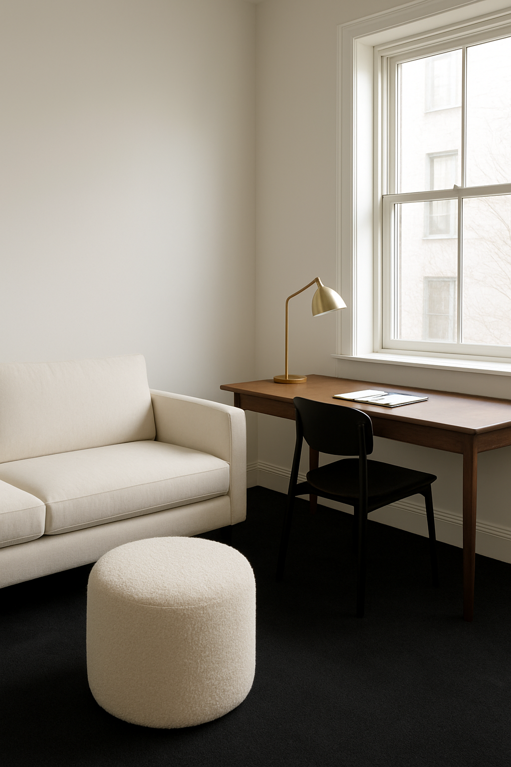 Home office with soft white walls, charcoal carpet, and a cream sofa