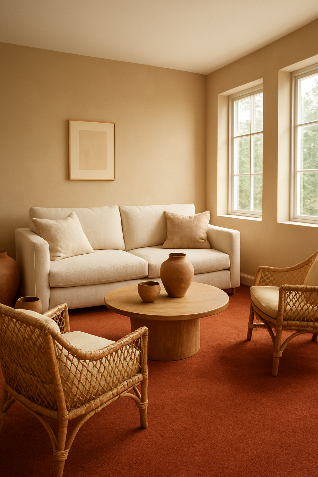 Family room with oatmeal walls, terracotta carpet, and a cream sofa