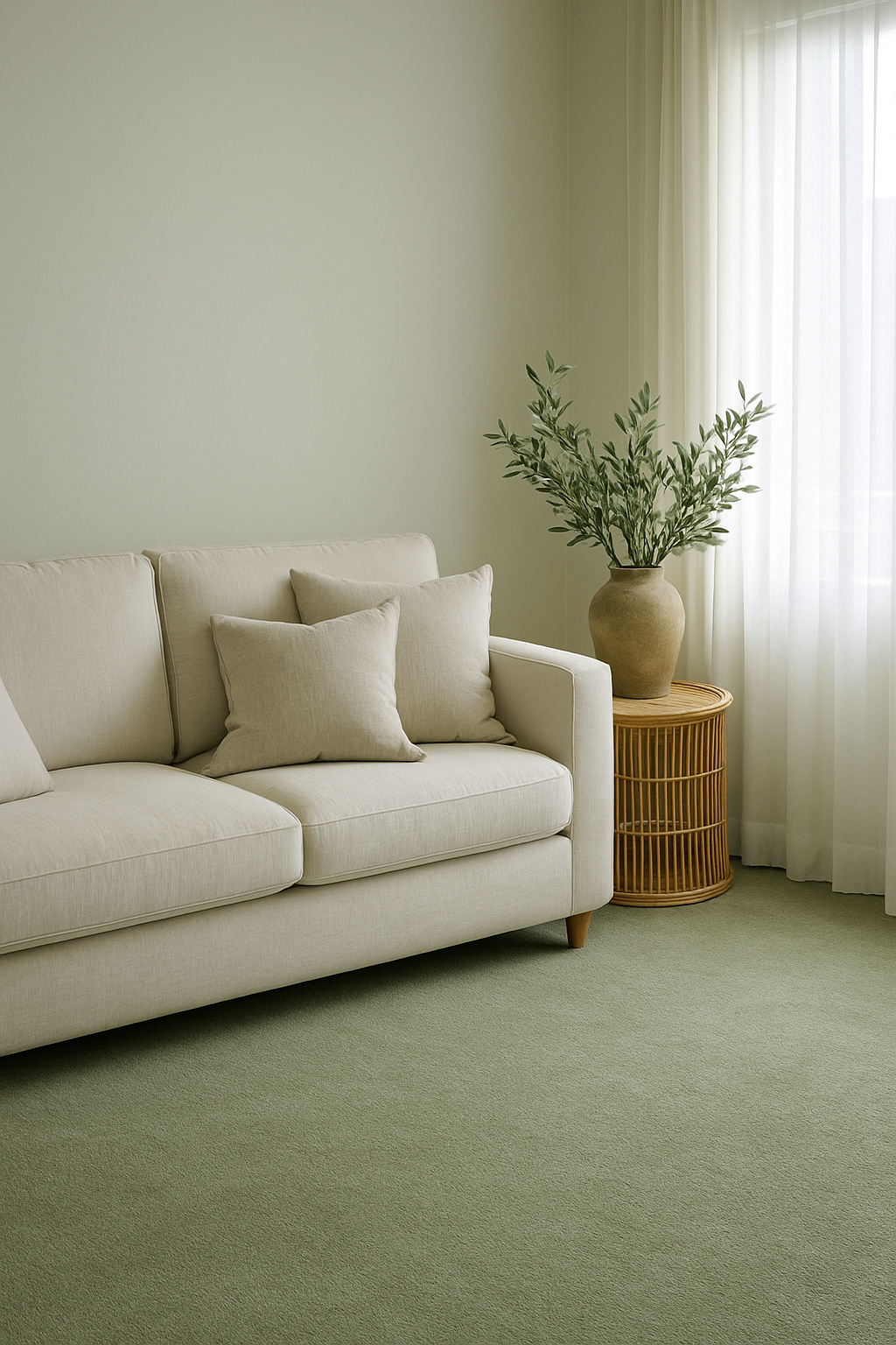Den with soft white walls, sage green carpet, and a cream sofa