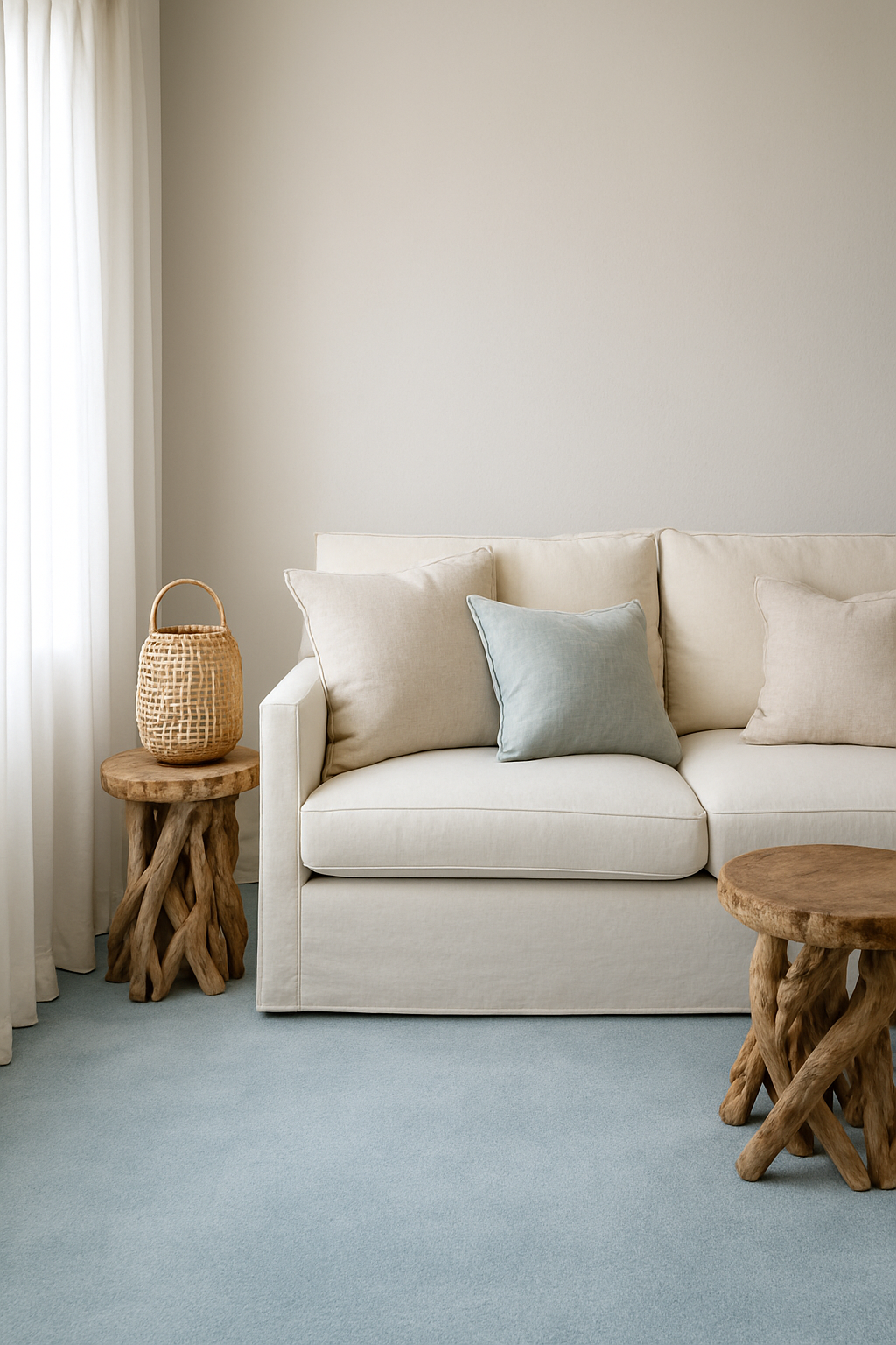 Guest room with soft white walls, pale blue carpet, and a cream sofa