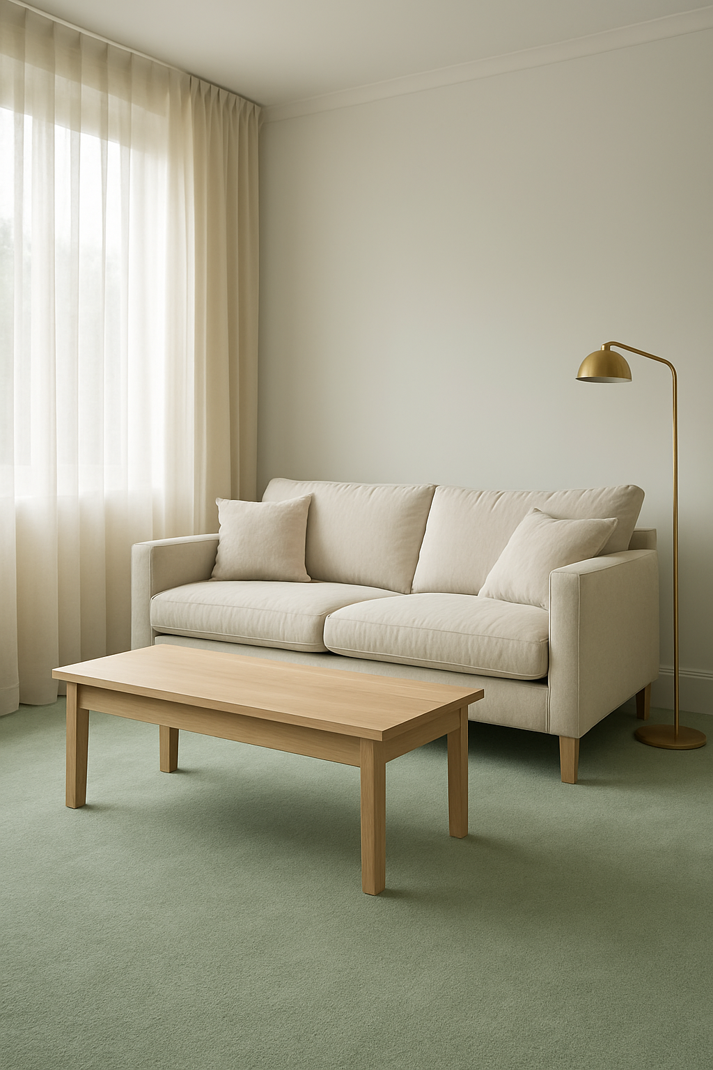 Living room with soft white walls and light green carpet