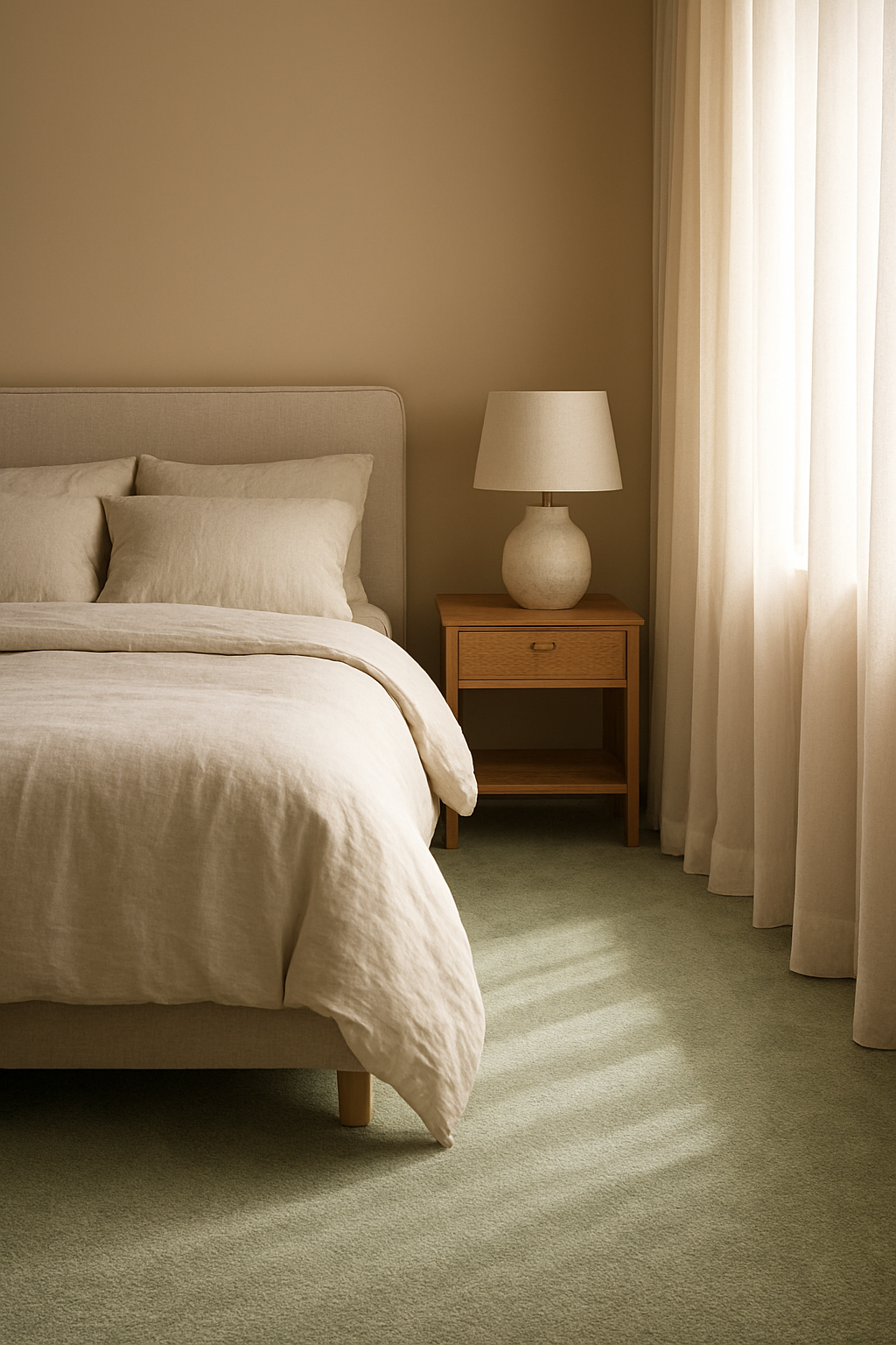 Bedroom with warm beige walls and light green carpet underfoot