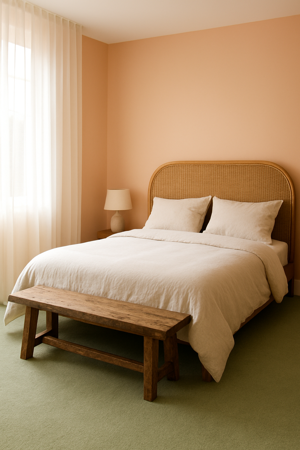 Bedroom with soft peach walls and light green carpet