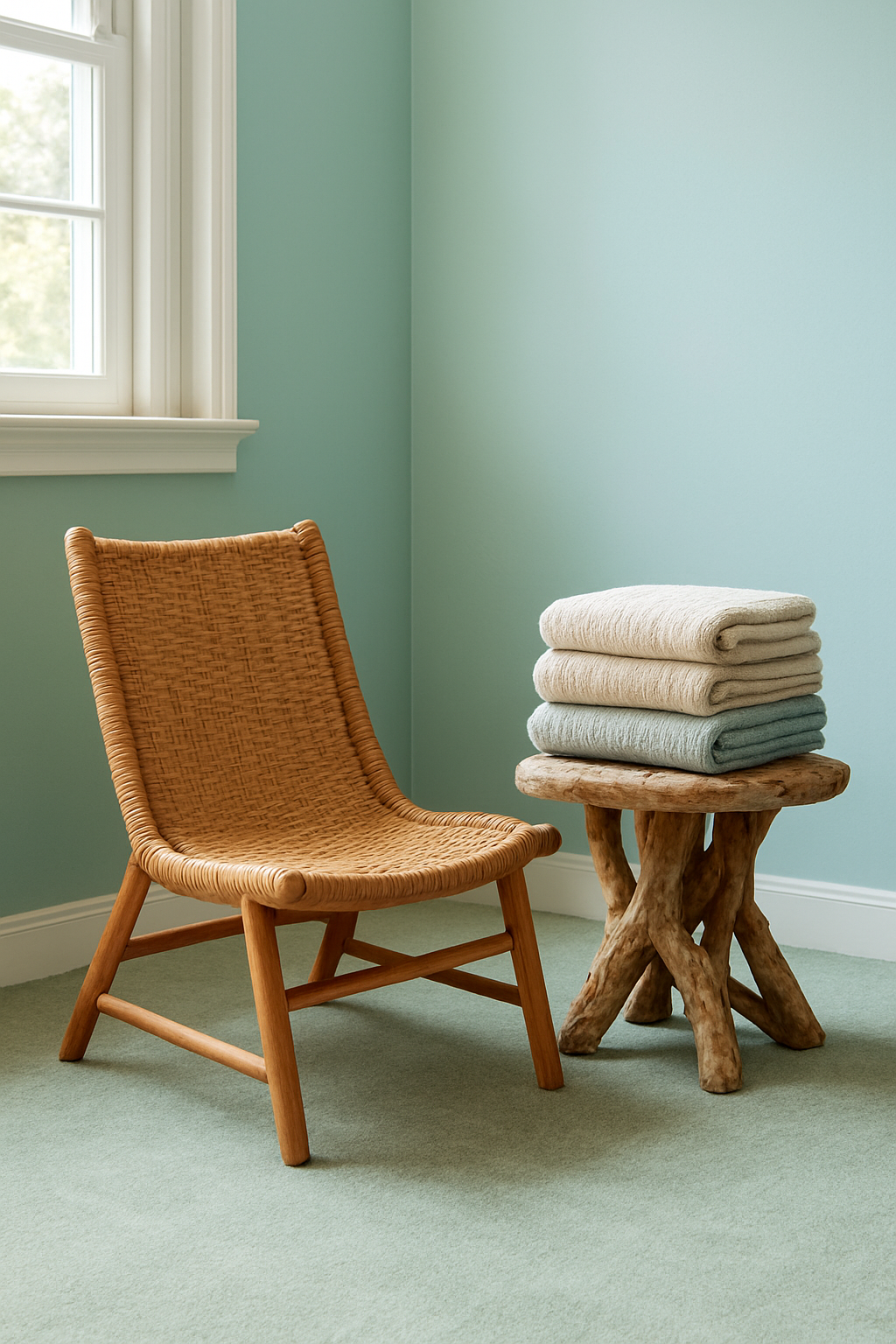 Family room corner with light aqua walls and light green carpet