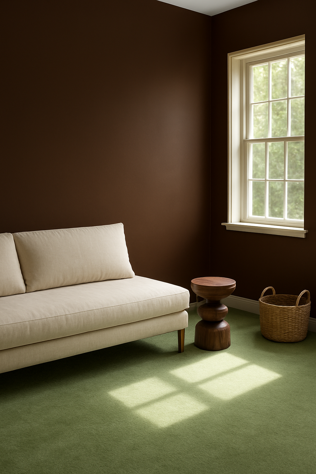 Guest room with chocolate brown walls and light green carpet