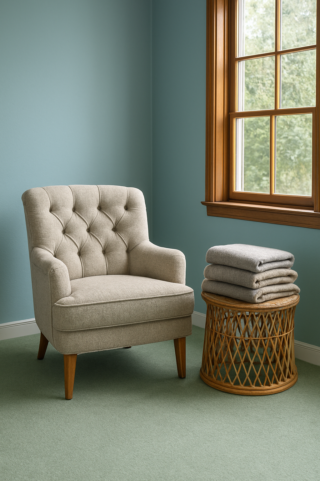 Family room corner with soft blue walls and light green carpet