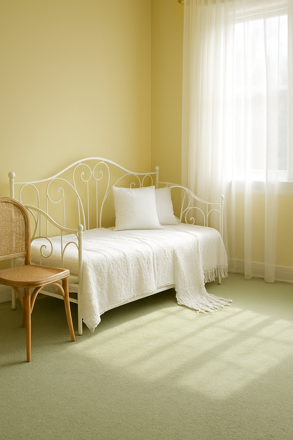 Guest room with pale yellow walls and light green carpet