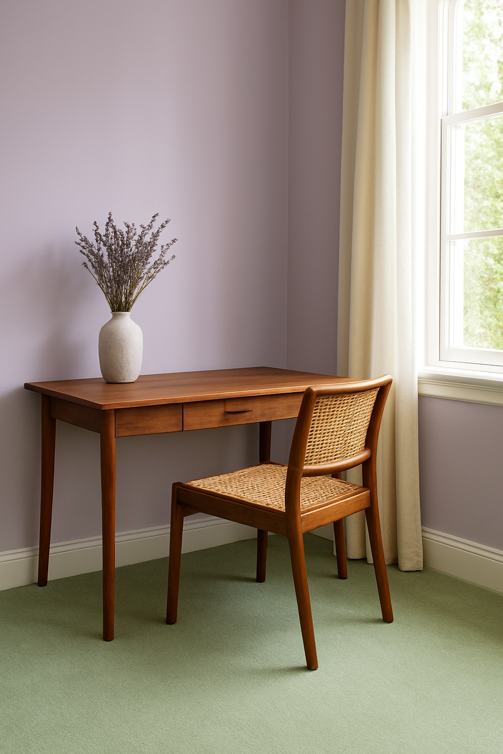 Home office with soft lavender walls and light green carpet