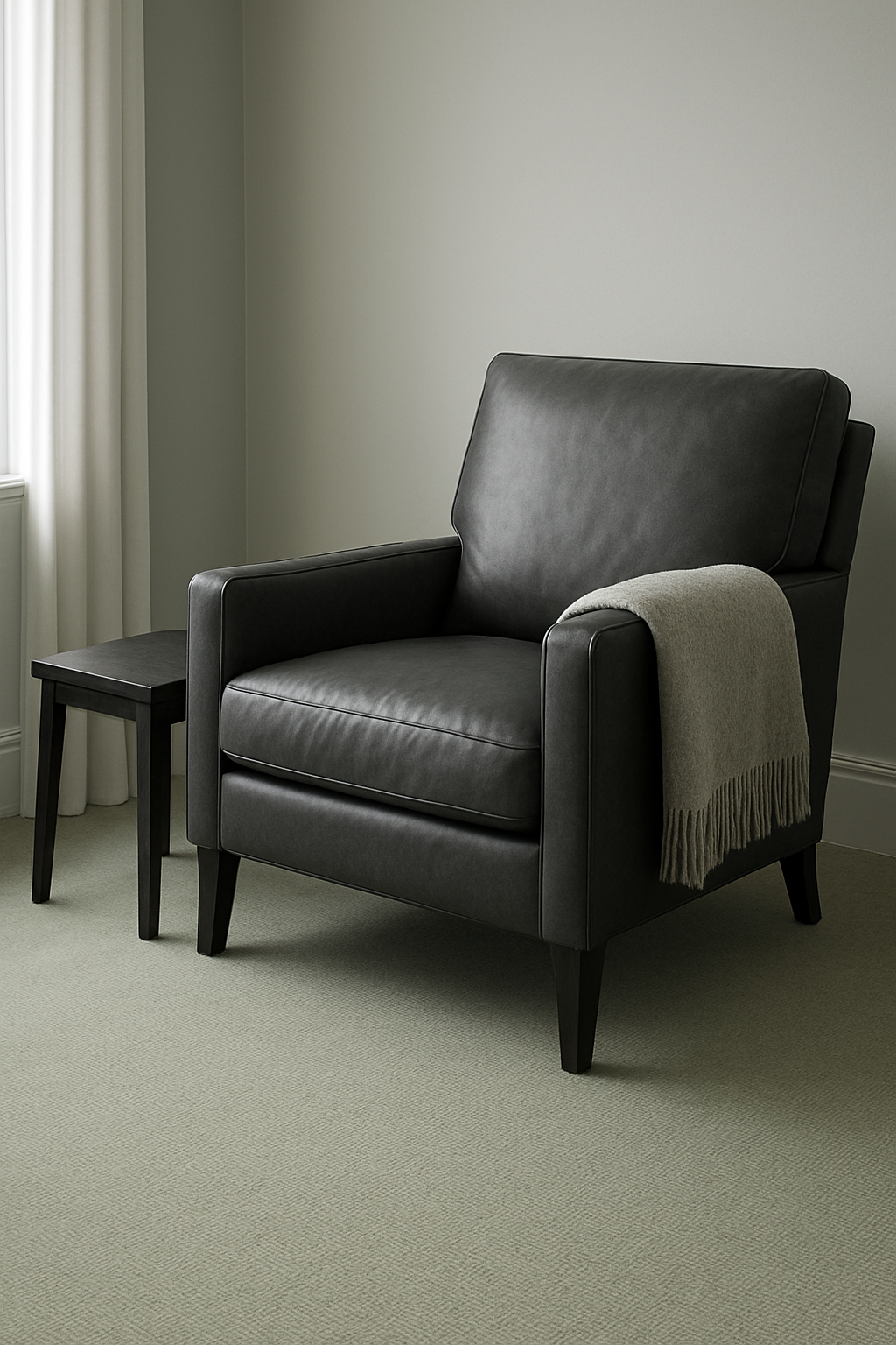 Den corner with light grey walls and light green carpet