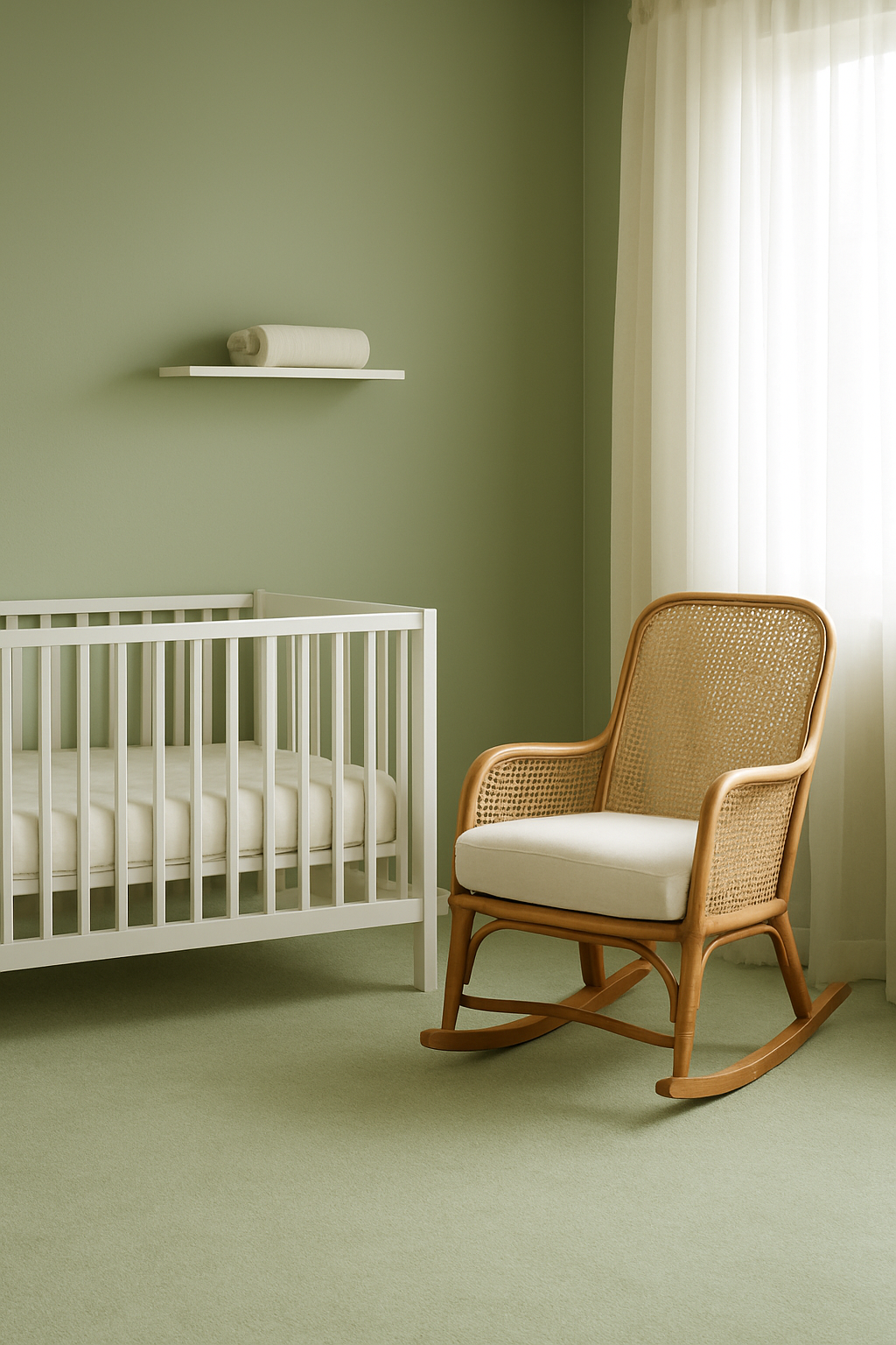 Nursery with sage green walls and light green carpet