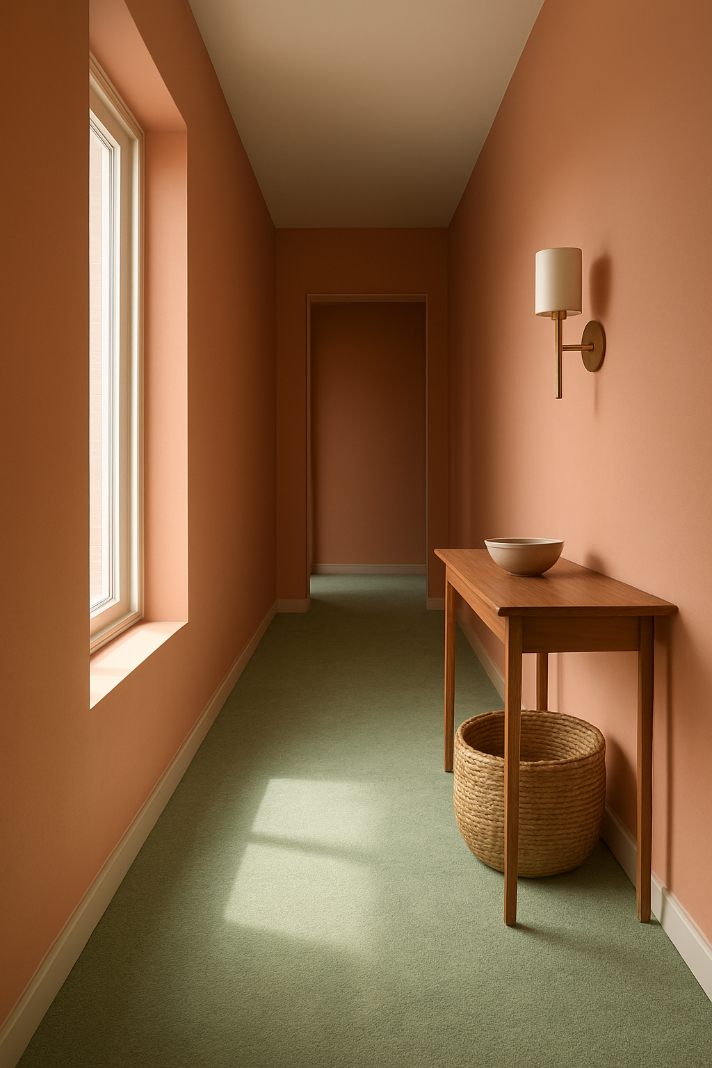 Hallway with soft coral walls and light green carpet