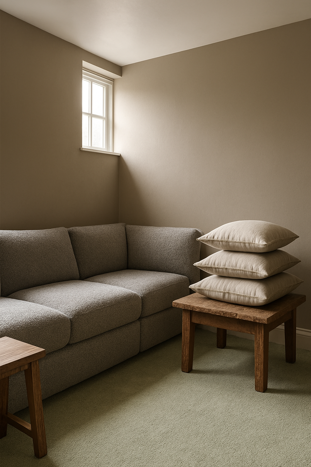 Basement corner with taupe walls and light green carpet
