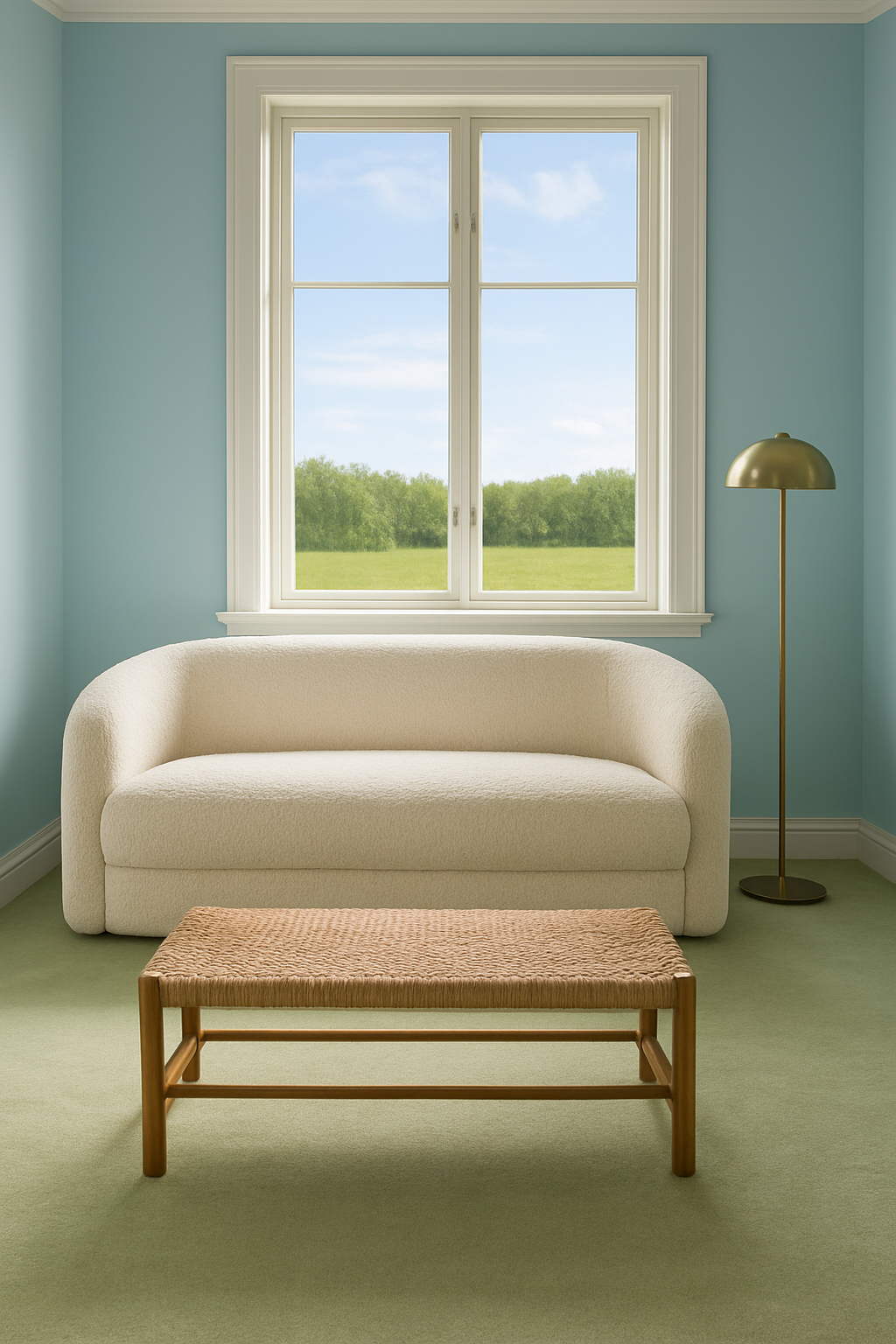 Living room with sky blue walls and light green carpet
