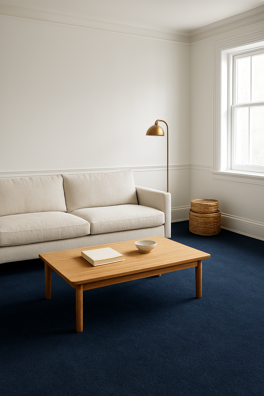 Living room with crisp white walls and deep navy blue carpet, wide view