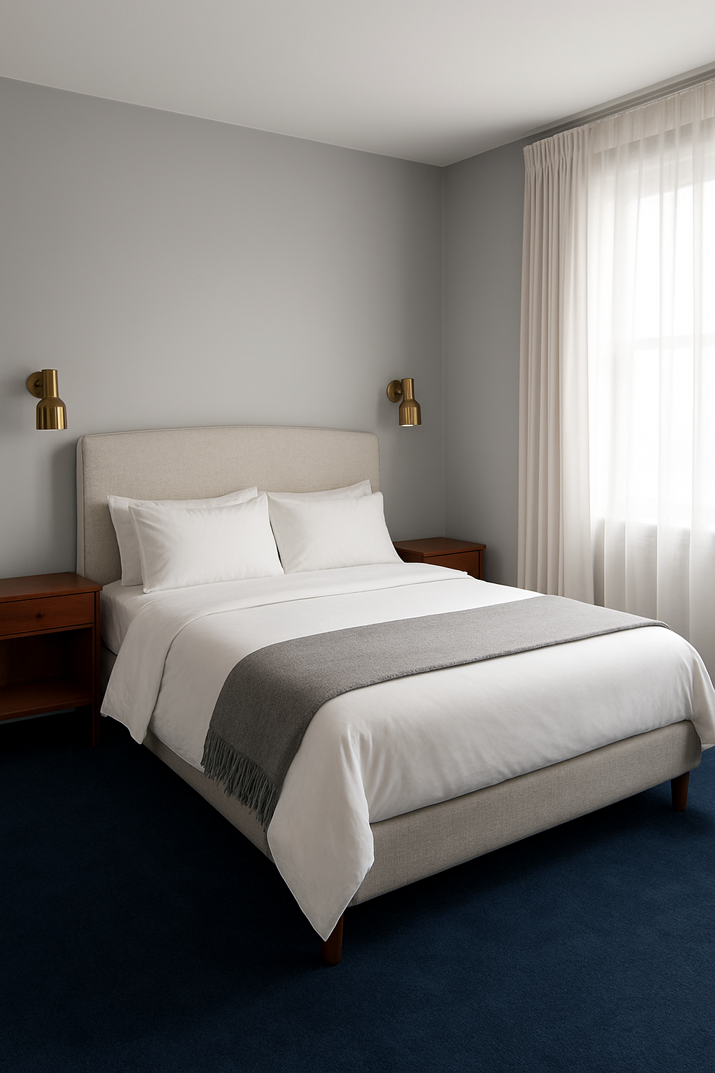 Bedroom corner with soft gray walls and navy blue carpet underfoot